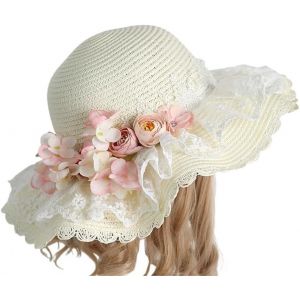 Lolita Coiffe, Bandeau Lolita, Chapeaux de paille de soleil de plage d'&eacute;t&eacute; for femmes, chapeau de fleur en dentelle Lolita, chapeaux seau de voyage &agrave; large bord(Pink Flower) (Morty Bazaar, neuf)