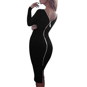 OMZIN Femmes Soir&eacute;e Cocktail Manches Longues U Choker Crayon &Eacute;l&eacute;gant Slim Zip Robes de F&ecirc;te Noir XXL (YU DRESS HK, neuf)