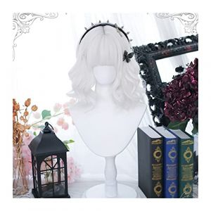 Perruque Synthétique Perruque blanche pure avec frange for femmes filles, perruque synthétique bouclée courte Bob Wave, perruque blanche bouclée Bob Lolita Cosplay avec frange Naturelles Perruques (huasanzigui, neuf)