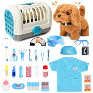 UBeesize Mallette de médecin pour enfant avec jouet électrique qui coure et aboie - Jouet vétérinaire - Cage pour chien - Jeu de rôle interactif pour garçons et filles de 3, 4, 5, 6 ans - Bleu (UBeesize EU, neuf)