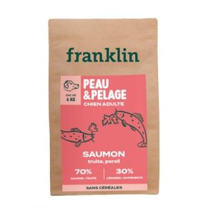 Franklin – Croquettes pour Chien – Gamme Protéinée – avec 70% de Saumon – Mono-protéine – sans Céréales – Peau et Pelage – Forme Triangle 11mm – 6 kg (Franklin Pet Food, neuf)