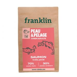 Franklin Protéinée – Croquettes Chien – 6kg – 70% de Saumon – Mono-Protéine - sans Céréales – Peau et Pelage – Forme Triangle 13mm – Saumon, Truite, Persil (Franklin Pet Food, neuf)