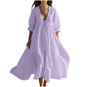 Femme Robe Boheme Chic Coton Lin Manches Longues/Manches Courtes Robe Col V Elegant Robes Swing D'éTé Plage DéContracté Maxi Robes Grande Taille Couleur Unie BohèMe Mi-Longue Dress (HAOLEI  FR, neuf)