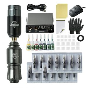 TTOOGO Kit de stylo &agrave; tatouage sans fil - kit de machine &agrave; tatouage rotatif complet avec mini stylo &agrave; fus&eacute;e, batterie sans fil, alimentation, 20 cartouches, encre 7 couleurs,Gris (TTOOGO-fr, neuf)