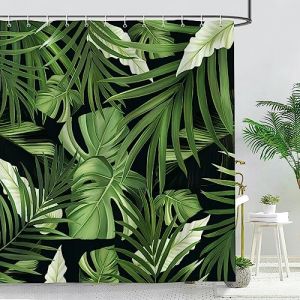 Bonhause Rideau de Douche Feuille de Palmier Tropical Verte Rideau de Bain Tissu Polyester Anti Moisissure Imperm&eacute;able Lavable Rideaux Salle de Bain 180 x 180 cm avec 12 Crochets (Bonhause EU, neuf)