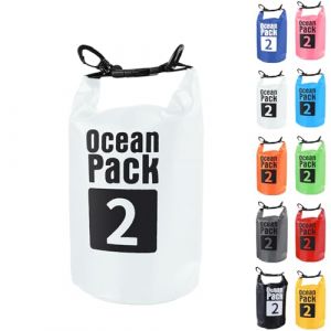 2L Sac étanche Polyvalent, 2L/5L/10L/15L/20L/30L Blanc Waterproof Dry Bag avec Longue Bandoulière Réglable Sac à Dos Confort Imperméable pour Bateau/Kayak/Pêche/Rafting/Natation/Camping/Snowboard (MUDAMUDA Store, neuf)