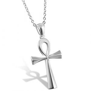 Flongo Collier Pendentif Acier Inoxydable Classique R&eacute;tro Style Egypte Croix Poli Bijoux Cadeau pour Femme Homme Couleur Argent (Flongo, neuf)