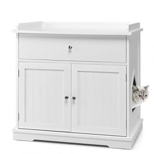 SOARS Maison de Toilette Chat avec 2 Portes et Tiroir, Armoire en Bois pour Chats avec Entr&eacute;e Lat&eacute;rale, Abri Multifonction pour Salon, Chambre &agrave; Coucher et Entr&eacute;e, 76 x 53 x 74 cm (Blanc) (Magichome24, neuf)