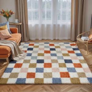 HUGEAR Tapis Salon Shaggy Damier Tapis Chambre Adulte Fille Doux Moelleux Descente de lit Antid&eacute;Rapant Moderne Grand Tapis Multicolore Blanc 140&times;200cm Decoration Chambrel (RONGBEN, neuf)