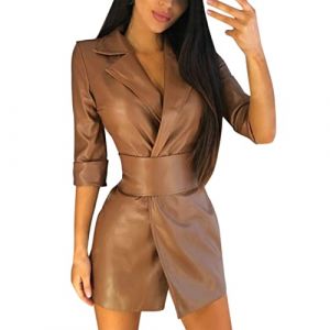 Manteau en cuir pour femme - Manches longues - Col en V - Robe sexy en cuir synth&eacute;tique - Mini robe avec ceinture - Robe d&eacute;contract&eacute;e - Robe d'&eacute;t&eacute; &agrave; manches courtes - &Eacute;l&eacute;gante - Robe de f&ecirc;te &agrave; la mode (MOsdfaes, neuf)
