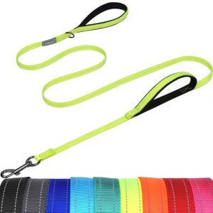 VIVAGLORY Laisses pour Chien avec Poignée de Trafic, Laisse pour Chien Forte avec Deux Poignées Souples Rembourrées, Laisse d’Entraînement avec Réflecteur et Crochet en Métal, Jaune Vif (VIVAGLORY PETS, neuf)