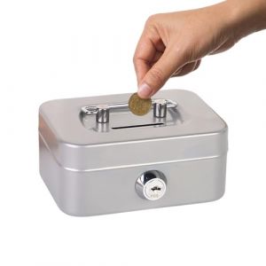 Petite caisse &agrave; monnaie en acier avec fente, verrouillable, petite, coffre-fort, tirelire avec cl&eacute;, 11,5 cm de large, gris (YIQings-US, neuf)