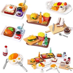 Accessoires de Cuisine Miniatures, Accessoires de Cuisine de Noël Miniature, 1:12 Nourriture Miniature pour Poupée avec Miniature Hamburger Frites œuf Pain Lait, Mini Aliments pour Maison de Poupée (yajimaoyi, neuf)