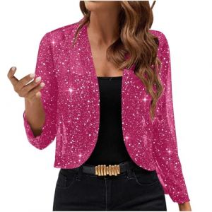 NZYIHAO Cardigan &agrave; paillettes pour femme - Court - Ouvert - Manches longues - Bol&eacute;ro fin et &eacute;l&eacute;gant - Sans boutons - Veste bol&eacute;ro en maille fine - Veste de transition, Z1 rose., XL (JCRZZ, neuf)