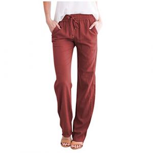 Femme Lin Pantalon Coton Lin Pantalon L&eacute;ger Casual Elegant Pantalon &Eacute;lastique Pantalon D&eacute;contract&eacute;e Fluide Couleur Unie Mode Pants avec Poches Grande Taille Pantalon de Jogging &agrave; Cordon (Blingko, neuf)