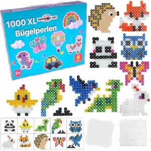 Lot de 1000 perles &agrave; repasser Maxi XL de 10 mm en forme d'animaux, 1 plaque de stylo maxi, 1000 perles &agrave; repasser color&eacute;es, 10 mod&egrave;les en papier, 5 papiers &agrave; repasser (Happy Price Toys, neuf)