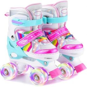 ERNAN Roller Enfant Filles et Garçons,Patin a Roulette Enfant 4 Taille Réglable, Roller Quad avec 8 Roues Lumineuses. Patins à roulettes pour Enfants pour débutants (Rainbow B, S) (ERNAN STORE, neuf)