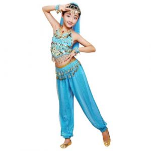 Costume Danse Indienne Enfant – Tenue BolIywood Fille – Ensemble Belly Dance avec Haut, Pantalon, Ceinture, Voile et Bracelets – Déguisement Spectacle, Fête, CarnavaI, Danse (Sky Blue, 3-4 Years) (AncientCrab, neuf)