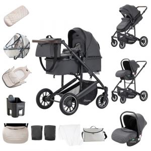 Zkiprm Poussette 3-en-1, Système de Voyage Avec Siège Auto, Landau et nacelle, Accoudoirs Réglables, Habillage pluie,Gant, Moustiquaire, Châssis en aluminium, Landau à profil haut pour 0-4 ans, Gris (Zkiprm, neuf)