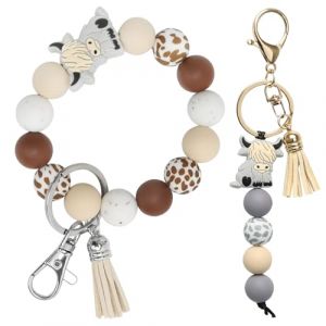 2 Pi&egrave;ces Porte Cl&eacute; Vache Cadeau, Bracelet Clef Voiture, Porte Clef Perles Silicone pour D&eacute;coration, Femme, Filles (Gris) (DGMAIXIN, neuf)