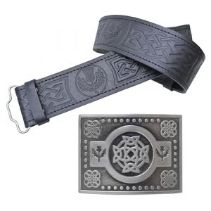 Ensemble ceinture de kilt en cuir et boucle, ceinture en relief de chardon &eacute;cossais avec boucles de la trinit&eacute; celtique antique en &eacute;tain &ndash; Ceintures de kilt pour homme, Noeud celtique chardon &ndash; Argent (Kilt Mania, neuf)