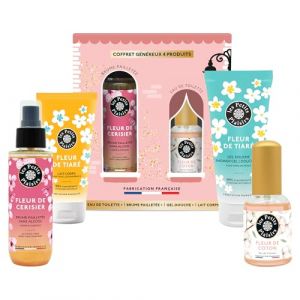 Coffret Cadeau Les Petits Plaisirs &ndash; Le Village des Senteurs Fleur de Coton &ndash; Eau de toilette 30ml, Brume paillet&eacute;e, Gel douche & Lait corps &ndash; Fabriqu&eacute; en France (Les Petits Plaisirs France, neuf)