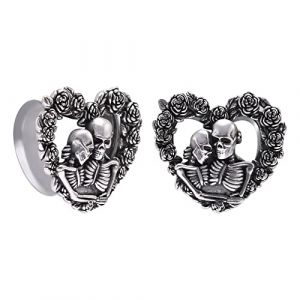 COOEAR Écarteur d'oreille en forme de cœur en acier inoxydable Tunnels évasés en forme de crâne Taille 8mm à 25mm. (KUBOOZ PIERCING, neuf)