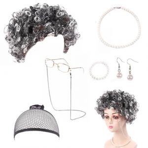 Ensemble de déguisement de vieille dame 7 pièces, boucles noires et blanches, kit de déguisement pour grand-mère, perruque de grand-mère, bonnet, lunettes, chaîne de lunettes, bracelet, collier, (YNROU, neuf)
