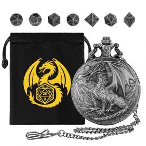 Lot de Mini d&eacute;s DND avec bo&icirc;tier de Montre de Poche Steampunk Dragon, 7 d&eacute;s Poly&eacute;driques en M&eacute;tal, Cadeaux D&D avec Sac Cadeau Logo Dragon, Accessoires de Jeux de Soci&eacute;t&eacute; et Jeu de R&ocirc;le, Argent Fonc&eacute; (JINGYAOKEJI, neuf)