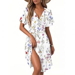 Robe Femme Longue Boheme Robe de C&eacute;r&eacute;monie Femme Fleurie Ronde Robes Chic Elegant Mi Longue Vetement Dress Grande Taille Femmes Moulante D&eacute;contract&eacute;e Dress Plage Bal D'&eacute;t&eacute; (D White,XX-Large) (QU-XINYU, neuf)
