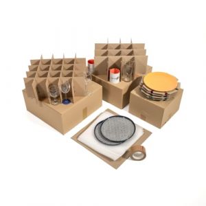 Kit complet pour le rangement de la vaisselle avec cartons verres, mugs, assiettes, pochettes mousse et adh&eacute;sif. (Carton Market, neuf)