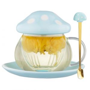 Jolie tasse à thé en verre en forme de champignon avec infuseur et cuillère, théière Kawaii transparente avec filtre, couvercle en céramique et dessous de verre, résistante à la chaleur pour la maison (YTONG STORE, neuf)