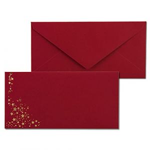 Lot de 50 enveloppes avec &eacute;toiles m&eacute;talliques - Format DIN long - Pluie d'&eacute;toiles dor&eacute;es en relief - Couleur : rouge fonc&eacute; - Collage humide - 120 g/m&sup2; - 110 x 220 mm - Id&eacute;al pour No&euml;l (GUSTAV NEUSER GmbH, neuf)