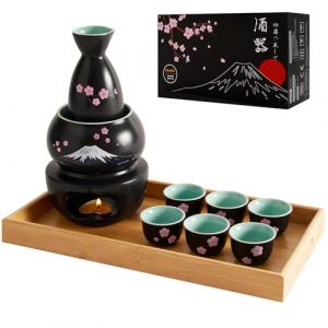 DUJUST Ensemble &agrave; sak&eacute; japonais 10 pi&egrave;ces, ensemble &agrave; sak&eacute; en porcelaine avec motif Sakura & Fuji, 6 coupes &agrave; sak&eacute;, 1 bouteille, 1 r&eacute;chauffeur, 1 r&eacute;chaud &agrave; bougie, 1 plateau et 1 bo&icirc;te, Noir (EletreeEU, neuf)