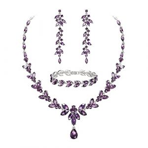 EVER FAITH Parure Bijoux Femme Mariage Mari&eacute;e en Cristal Autrichien &Eacute;l&eacute;gant Collier Boucles d'Oreilles Pendantes et Bracelets 3PCS Ensemble Marquise Avec Feuilles De Strass Violet Ton d'argent (Tenye, neuf)
