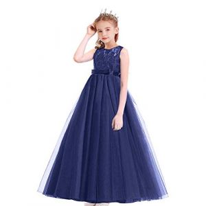 MYRISAM Filles Pageant Robe de Princesse en Dentelle sans Manches Robe de Mariage Soirée Carnaval Communion Anniversaire Cérémonie Noël Fête Longue Tulle Bal Bleu Marine 4-5 Ans (MYRISAM store, neuf)