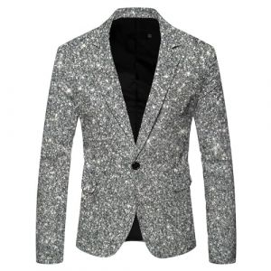 Blazer Veste de f&ecirc;te am&eacute;ricaine pour homme Coupe ajust&eacute;e avec boutons Paillettes brillantes Imprim&eacute; 3D Carnaval V&ecirc;tements respirants Col en V pour mariage, 01 Argent&eacute;, L (PengsunRo, neuf)