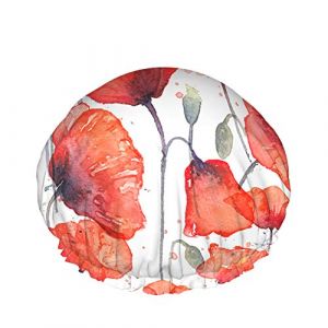 Bonnet de douche fleur de coquelicot, motif de coquelicots rouges sauvages aquarelle bonnets de bain double couche imperméables parfaits pour toutes les longueurs et épaisseurs de cheveux (FireBoomBoom, neuf)