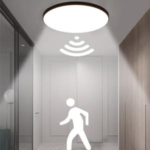 Mengjay Plafonnier LED avec Détecteur de Mouvement Radar,18W 6500K Blanc Froid Étanche Rond Lampe Plafond LED,Luminaire Plafonnier Exterieur Intérieur,Salle de Bain,Chambre, Cuisine (Noir, 18W) (Geste shop, neuf)
