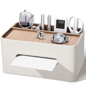 KINGFOM Bo&icirc;te &agrave; Mouchoir en Cuir avec 2 Compartiments, Rectangulaire Boite Mouchoirs, Multifonctionnelle Organisateur de Bureau pour Bureau, Maison, Salle de Bain (Beige) (LiLan, neuf)