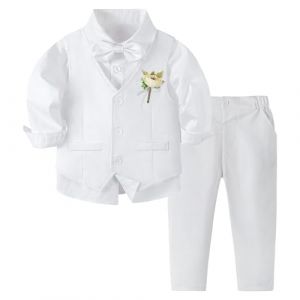 Volunboy Ensemble Costume B&eacute;b&eacute; Gar&ccedil;on, C&eacute;r&eacute;monie Formel Mariage 4 Pi&egrave;ces Gilet Chemise Pantalon avec Noeud Papillon(Taille 100,2-3 Ans,Blanc Pur (Volunboy, neuf)
