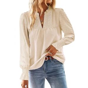 TUUHAW Chemise Femme Chic et &Eacute;l&eacute;gant Automne Grande Taille Manches Longues Boh&egrave;me Top Col en V Manche &agrave; Volants Dentelle Haut T-Shirts &agrave; Point Suisse D&eacute;contract&eacute; Fluide Tunique Abricot XXL (aiaolan, neuf)