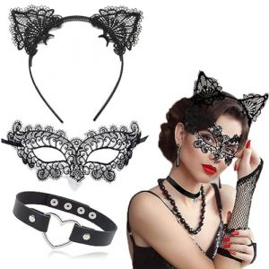 ZOSIGN Masques Dentelle, Sexy Masque Dentelle, avec Serre T&ecirc;te d'Oreilles de Chat et Choker Cuir, Masque Bal Masqu&eacute;, Halloween Party Accessoires, pour Halloween Mascarade Carnaval F&ecirc;te Costum&eacute; (chenruikang, neuf)