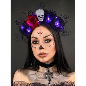 Zoestar Serre-t&ecirc;te lumineux d'Halloween avec motif de t&ecirc;te de mort, branches et toile d'araign&eacute;e &agrave; LED, accessoires de cheveux du jour des morts pour femmes et filles (Zoestar-UK, neuf)