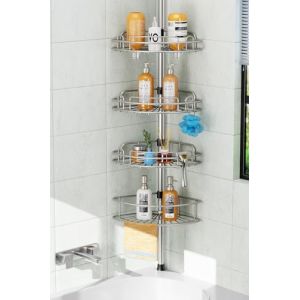 HAMITOR Etagere Douche Telescopique Angle: 4 Etages en Metal Etagere Salle de Bain Sans Percage, Bathroom Rangement Pour Shampoings, Savons & Gels de Douche &mdash; Longueur Reglable 121-314 cm, Argent (Goning, neuf)