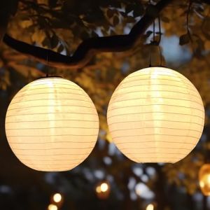Bawoo Lot de 2 Lampions Solaires d'ext&eacute;rieur R&eacute;sistants aux Intemp&eacute;ries - 30 cm - LED Lanternes Solaires Jardin &Eacute;tanche - Blanc Chaud - Lanterne Solaire Suspendue pour Patio Terrasse Cours (GEMA EU, neuf)