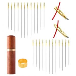Quelcc 48 Pi&egrave;ces aiguilles couture, Aiguilles &agrave; Enfiler Faciles, 3 Tailles Aiguilles Auto-Enfilantes, avec 1 bo&icirc;te &agrave; aiguilles en bois et 1 d&eacute; &agrave; coudre, pour DIY Fournitures de Broderie Couture (Liwee, neuf)