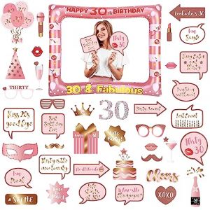Photobooth 30 Ans,34PCS Kit Photobooth Anniversaire,Rose Or Photobooth Anniversaire,Rose Or Photobooth Anniversaire avec Cadre Photo 30 Ans,Photobooth Props Accessoires de Selfie D&eacute;coration (MUDAMUDA Store, neuf)