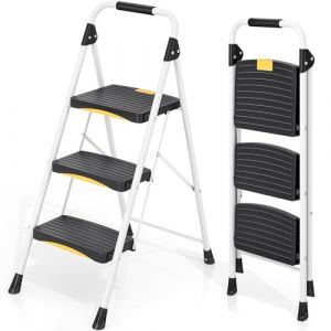 Urackify Escabeau Pliable 3 marches, Charge 150 kg, Verrouillage de s&eacute;curit&eacute;, P&eacute;dales Larges, Accoudoirs, Escabeau escamotable l&eacute;ger pour la Maison, Cuisine, Placard et Bureau. (urackify, neuf)