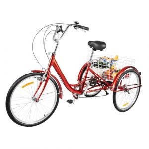 FortyFor Tricycle 24 Pouces avec Panier &agrave; provisions, Rouge, 3 Roues, 6 Vitesses avec &eacute;clairage de v&eacute;lo pour Adultes, Personnes &acirc;g&eacute;es, Filles, gar&ccedil;ons, Hommes et Femmes (DARESKY, neuf)
